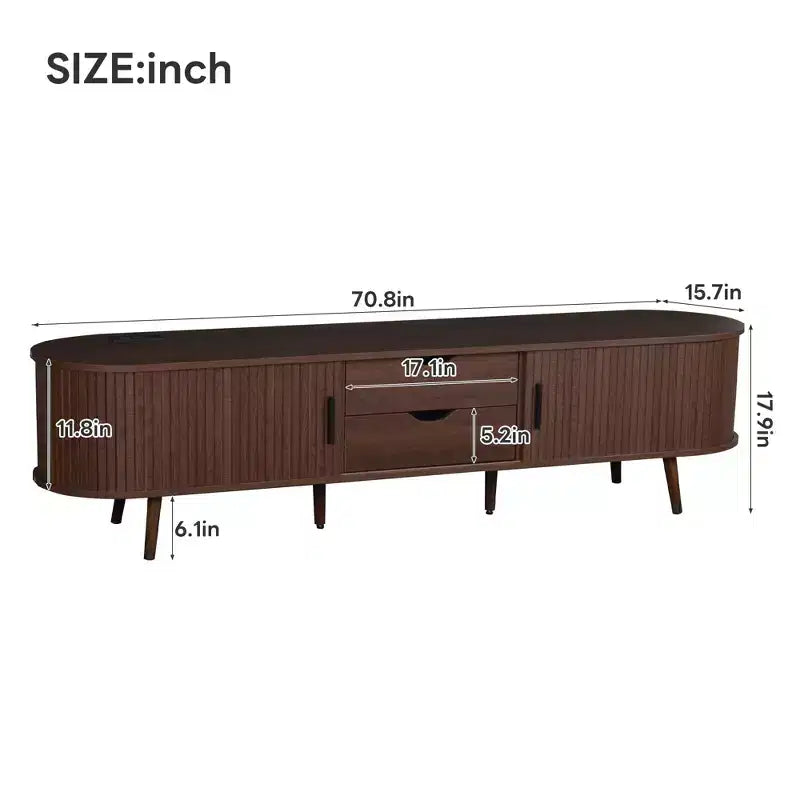 70 Mid-Century Modern TV Stand with Tambour Doors, Drawers and Built-In Power Outlet for 80 TV, Walnut