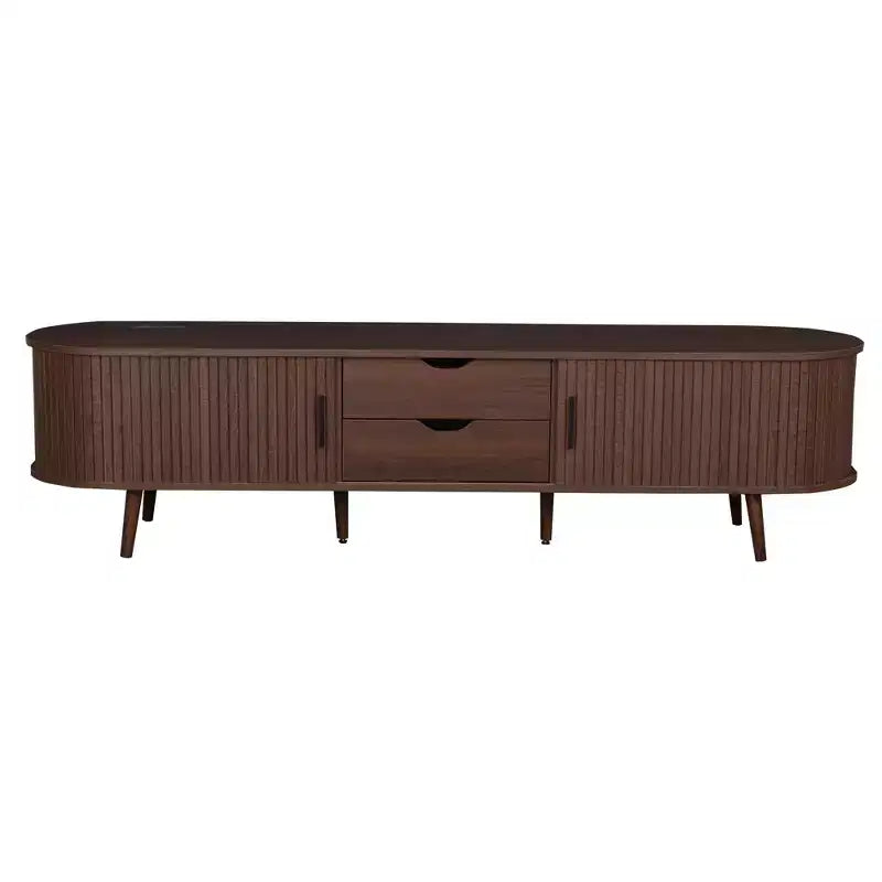 70 Mid-Century Modern TV Stand with Tambour Doors, Drawers and Built-In Power Outlet for 80 TV, Walnut