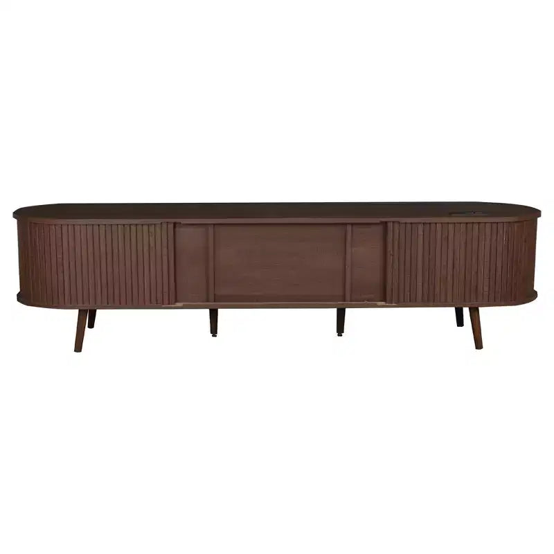 70 Mid-Century Modern TV Stand with Tambour Doors, Drawers and Built-In Power Outlet for 80 TV, Walnut