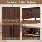 70 Mid-Century Modern TV Stand with Tambour Doors, Drawers and Built-In Power Outlet for 80 TV, Walnut