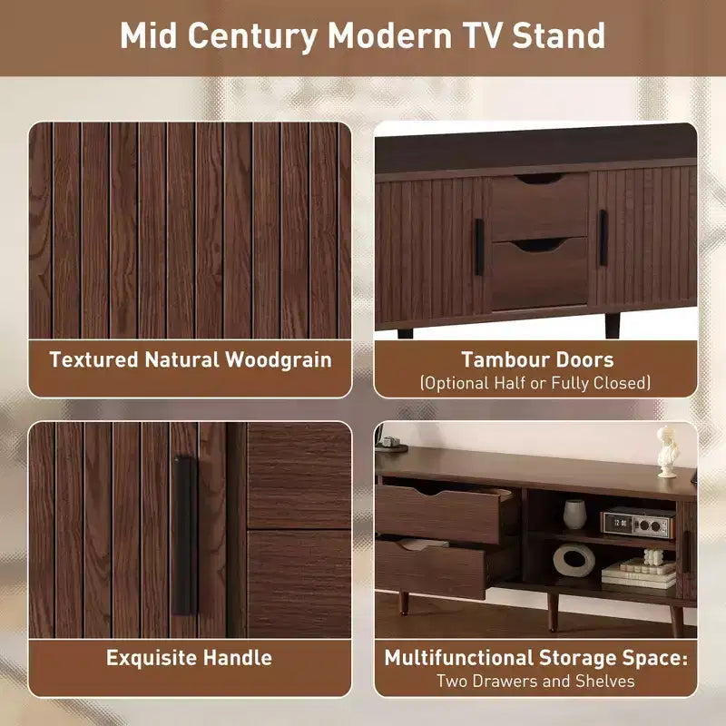 70 Mid-Century Modern TV Stand with Tambour Doors, Drawers and Built-In Power Outlet for 80 TV, Walnut