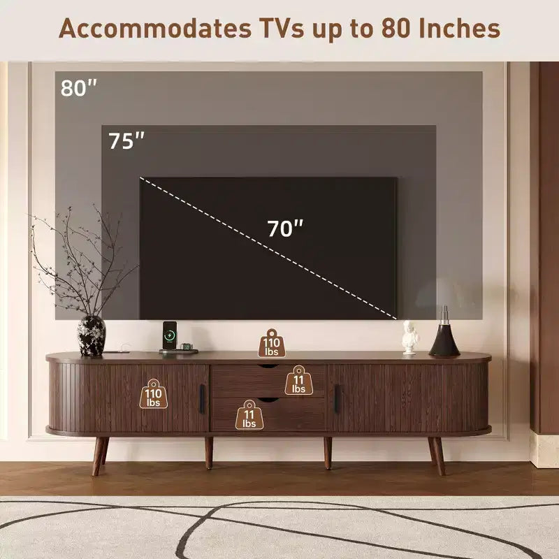 70 Mid-Century Modern TV Stand with Tambour Doors, Drawers and Built-In Power Outlet for 80 TV, Walnut