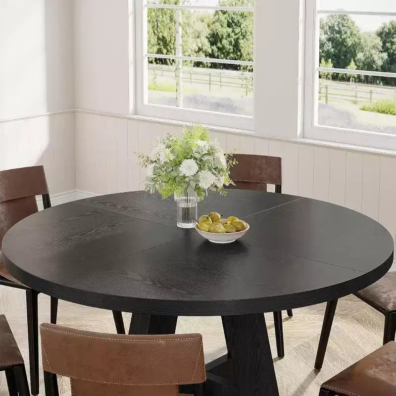 47-Round Dining Table, Farmhouse Style Wood Kitchen Table with Cross Base for Dining Room, Seats 4-6, Wooden Tabletop