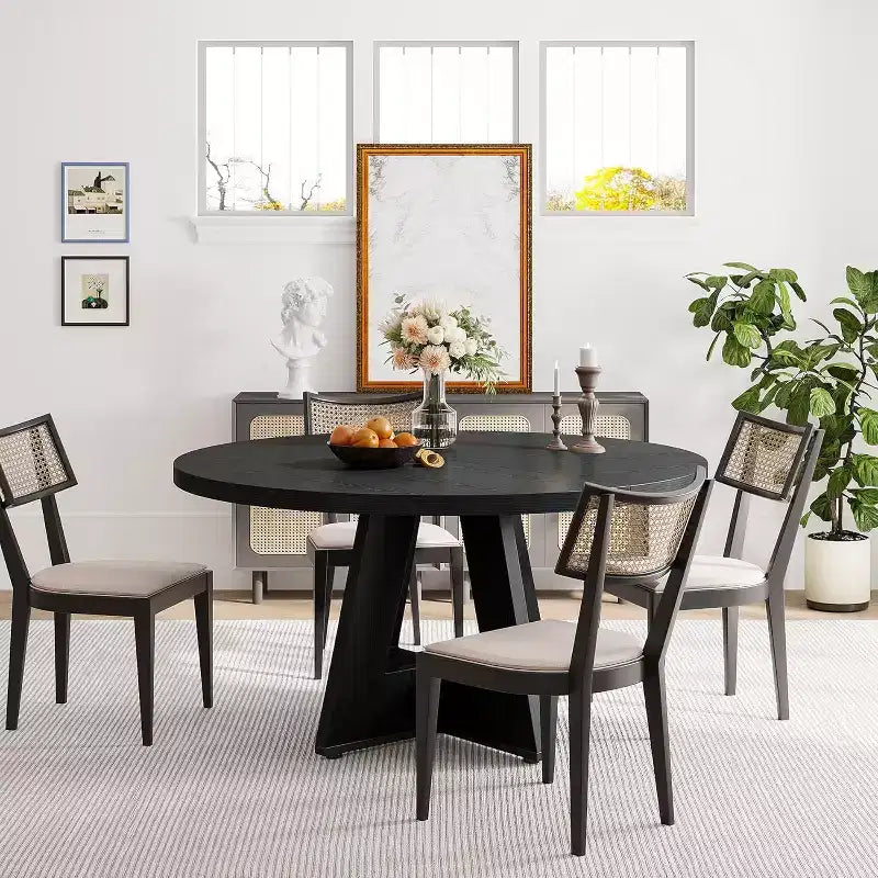 47-Round Dining Table, Farmhouse Style Wood Kitchen Table with Cross Base for Dining Room, Seats 4-6, Wooden Tabletop