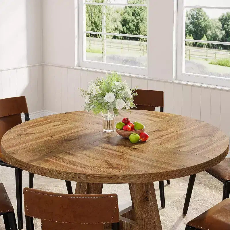 47-Round Dining Table, Farmhouse Style Wood Kitchen Table with Cross Base for Dining Room, Seats 4-6, Wooden Tabletop