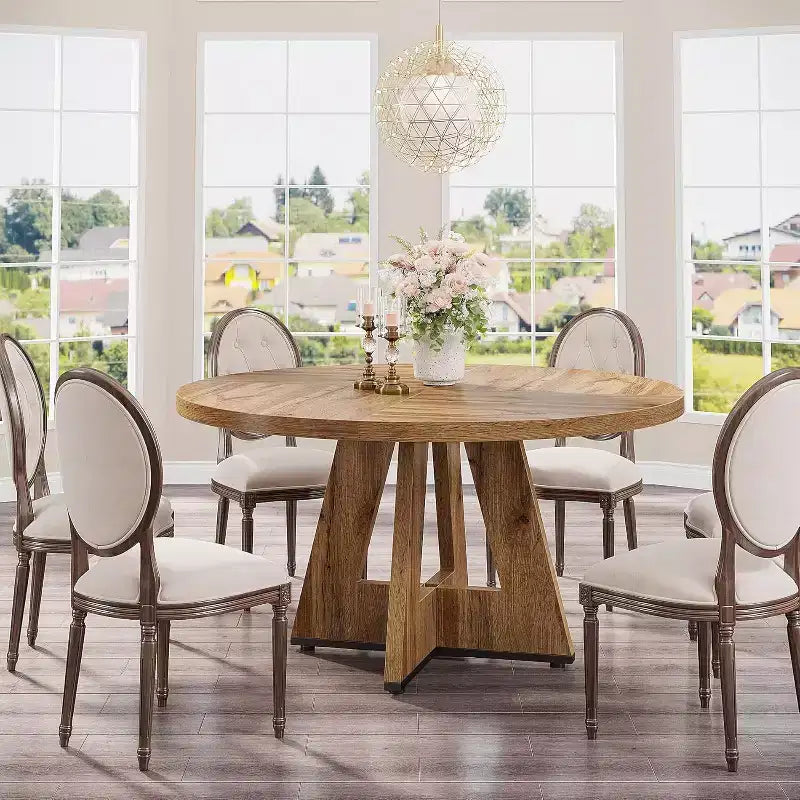 47-Round Dining Table, Farmhouse Style Wood Kitchen Table with Cross Base for Dining Room, Seats 4-6, Wooden Tabletop