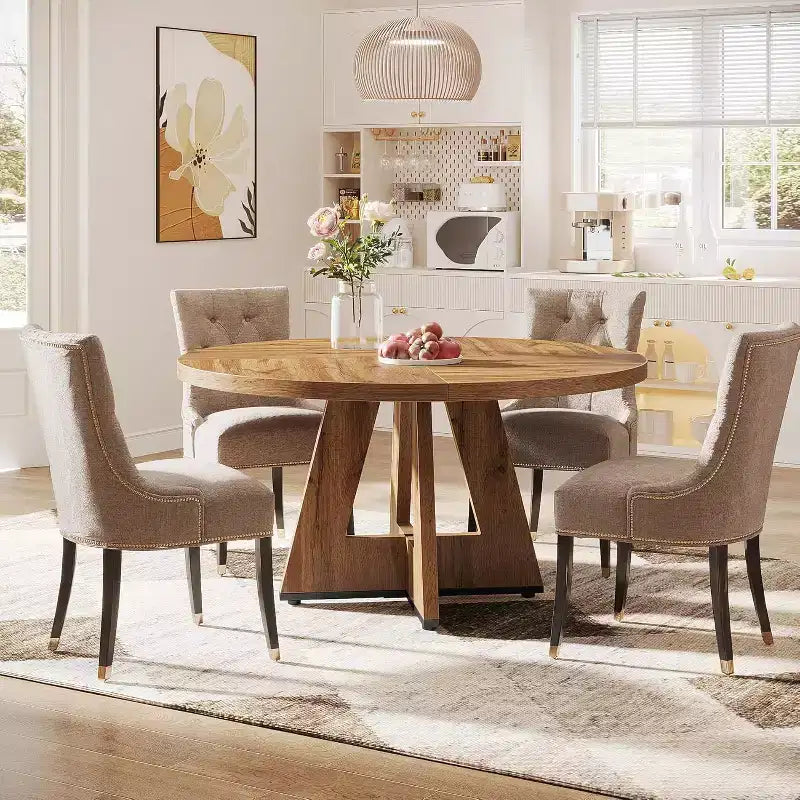 47-Round Dining Table, Farmhouse Style Wood Kitchen Table with Cross Base for Dining Room, Seats 4-6, Wooden Tabletop
