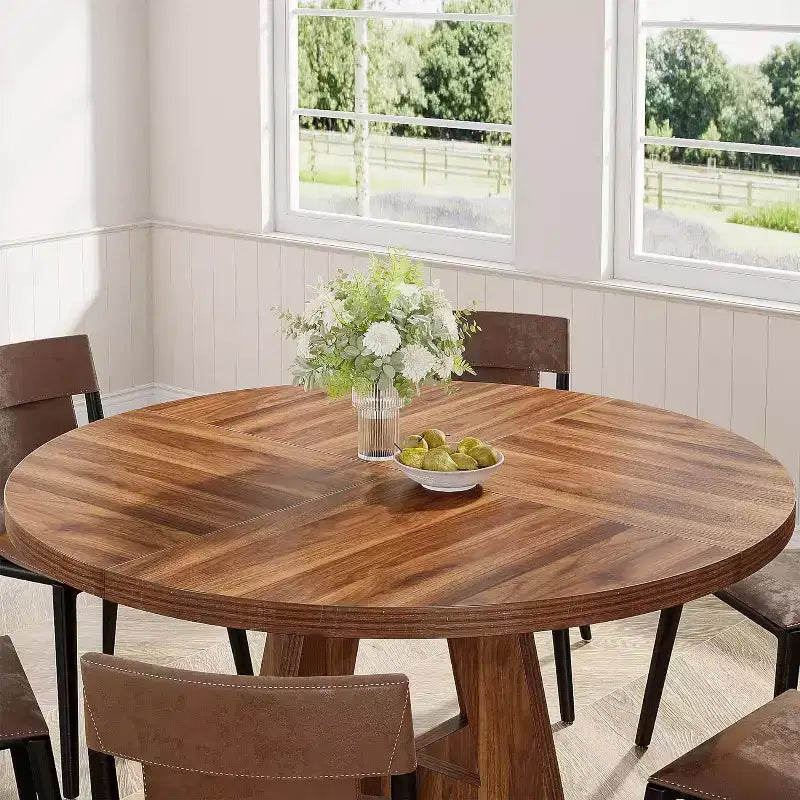 47-Round Dining Table, Farmhouse Style Wood Kitchen Table with Cross Base for Dining Room, Seats 4-6, Wooden Tabletop