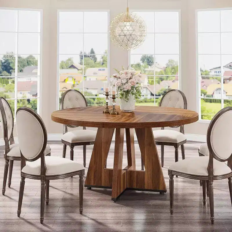 47-Round Dining Table, Farmhouse Style Wood Kitchen Table with Cross Base for Dining Room, Seats 4-6, Wooden Tabletop