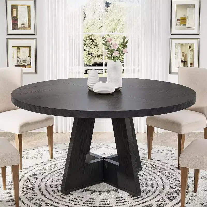 47-Round Dining Table, Farmhouse Style Wood Kitchen Table with Cross Base for Dining Room, Seats 4-6, Wooden Tabletop