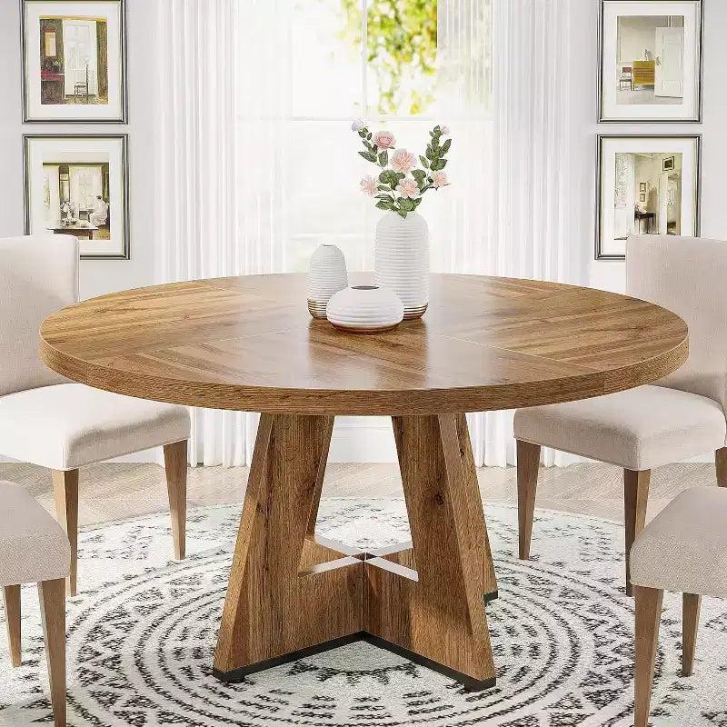 47-Round Dining Table, Farmhouse Style Wood Kitchen Table with Cross Base for Dining Room, Seats 4-6, Wooden Tabletop