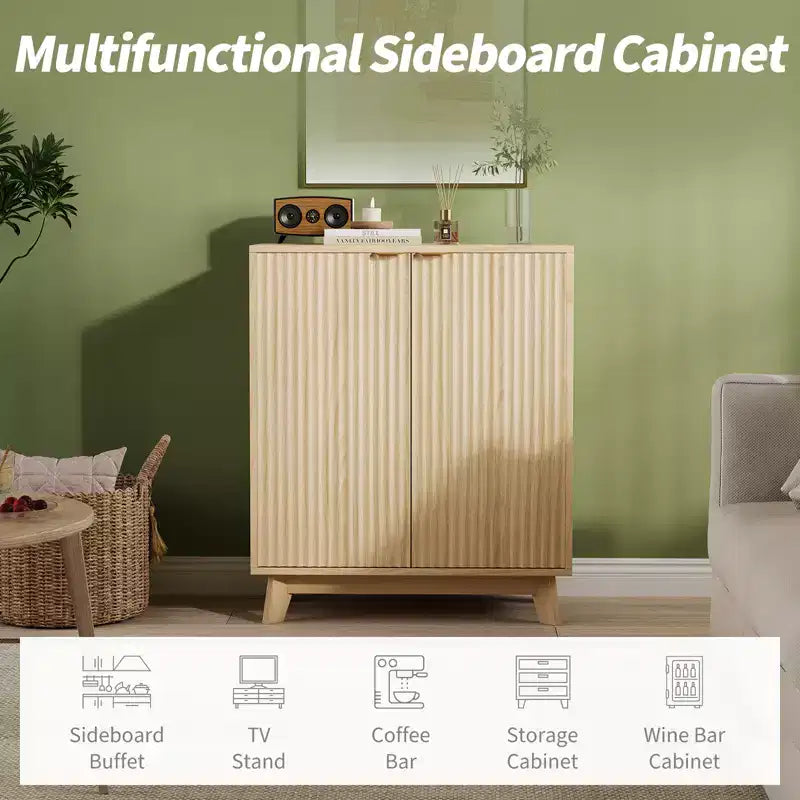 34.49 in Sideboard Buffet Cabinet with Storage, Modern Fluted Accent Credenza with Doors & Adjustable Shelves, Wood Bar Console Table for Living Room