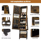360 Rotating Jewelry Armoire Organizer with Full-Length Mirror, Lockable Storage Cabinet on Wheels, Necklace & Bracelet Display, Freestanding