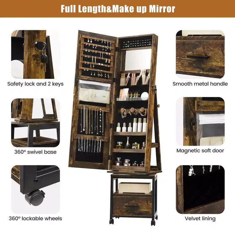 360 Rotating Jewelry Armoire Organizer with Full-Length Mirror, Lockable Storage Cabinet on Wheels, Necklace & Bracelet Display, Freestanding