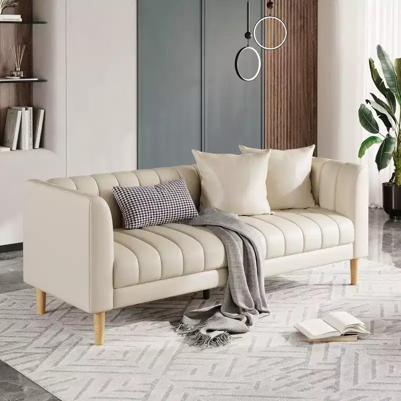 78 W Faux Leather Sofas Couches with 2 Throw Pillows, Mid Century Modern,3 Seater Sofa and Hardwood Legs,Easy Assembly, for Living Room and Bedroom