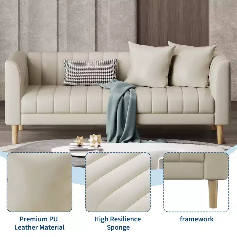 78 W Faux Leather Sofas Couches with 2 Throw Pillows, Mid Century Modern,3 Seater Sofa and Hardwood Legs,Easy Assembly, for Living Room and Bedroom