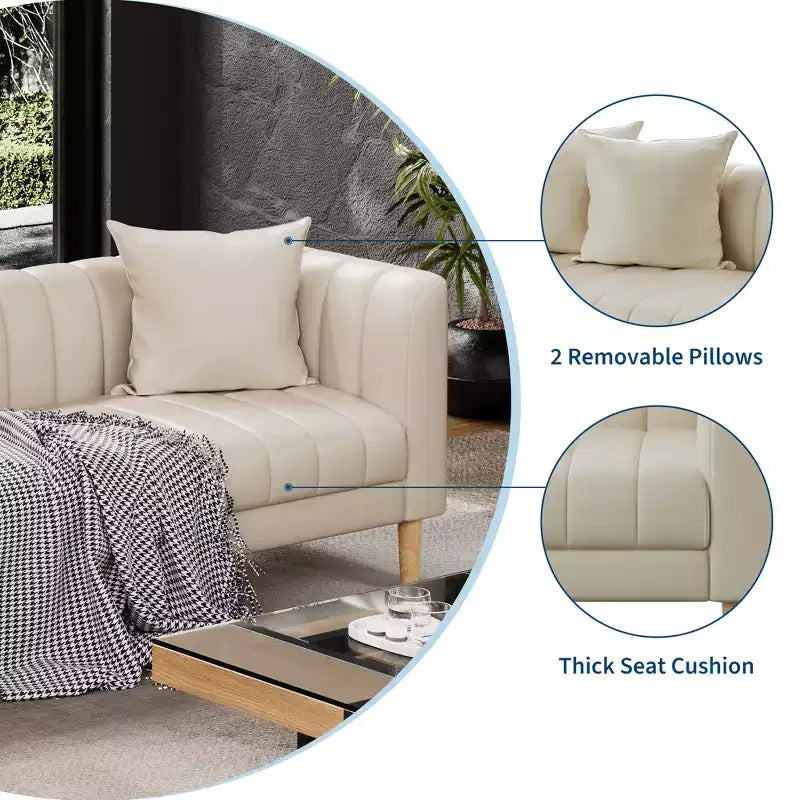 78 W Faux Leather Sofas Couches with 2 Throw Pillows, Mid Century Modern,3 Seater Sofa and Hardwood Legs,Easy Assembly, for Living Room and Bedroom