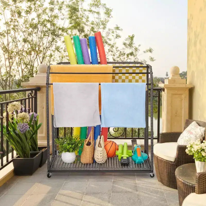 Poolside Towel Rack Outdoor,Rattan Weaving Towel Rack Freestanding,Storage Organizer with Compartment for Floats, Pool Noodles, Swimming Rings