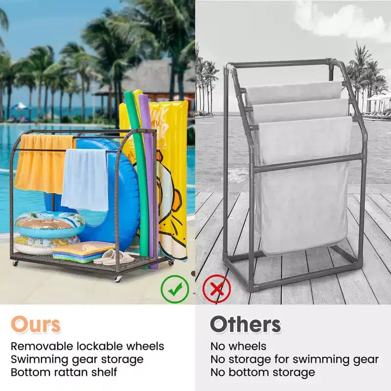 Poolside Towel Rack Outdoor,Rattan Weaving Towel Rack Freestanding,Storage Organizer with Compartment for Floats, Pool Noodles, Swimming Rings