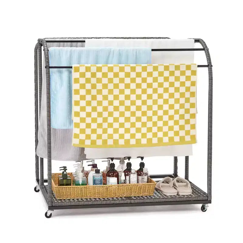 Poolside Towel Rack Outdoor,Rattan Weaving Towel Rack Freestanding,Storage Organizer with Compartment for Floats, Pool Noodles, Swimming Rings