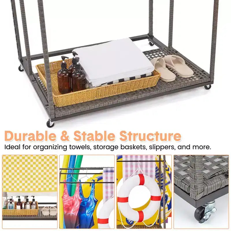 Poolside Towel Rack Outdoor,Rattan Weaving Towel Rack Freestanding,Storage Organizer with Compartment for Floats, Pool Noodles, Swimming Rings