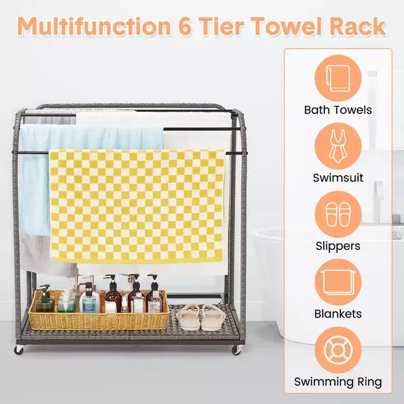 Poolside Towel Rack Outdoor,Rattan Weaving Towel Rack Freestanding,Storage Organizer with Compartment for Floats, Pool Noodles, Swimming Rings