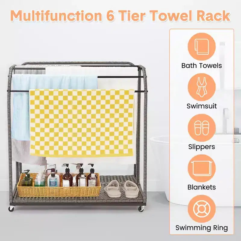 Poolside Towel Rack Outdoor,Rattan Weaving Towel Rack Freestanding,Storage Organizer with Compartment for Floats, Pool Noodles, Swimming Rings