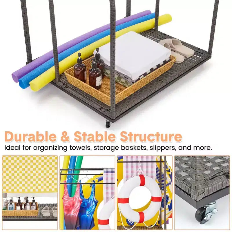 Poolside Towel Rack Outdoor,Rattan Weaving Towel Rack Freestanding,Storage Organizer with Compartment for Floats, Pool Noodles, Swimming Rings