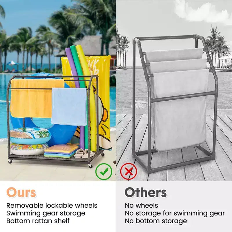 Poolside Towel Rack Outdoor,Rattan Weaving Towel Rack Freestanding,Storage Organizer with Compartment for Floats, Pool Noodles, Swimming Rings
