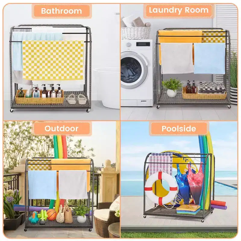 Poolside Towel Rack Outdoor,Rattan Weaving Towel Rack Freestanding,Storage Organizer with Compartment for Floats, Pool Noodles, Swimming Rings