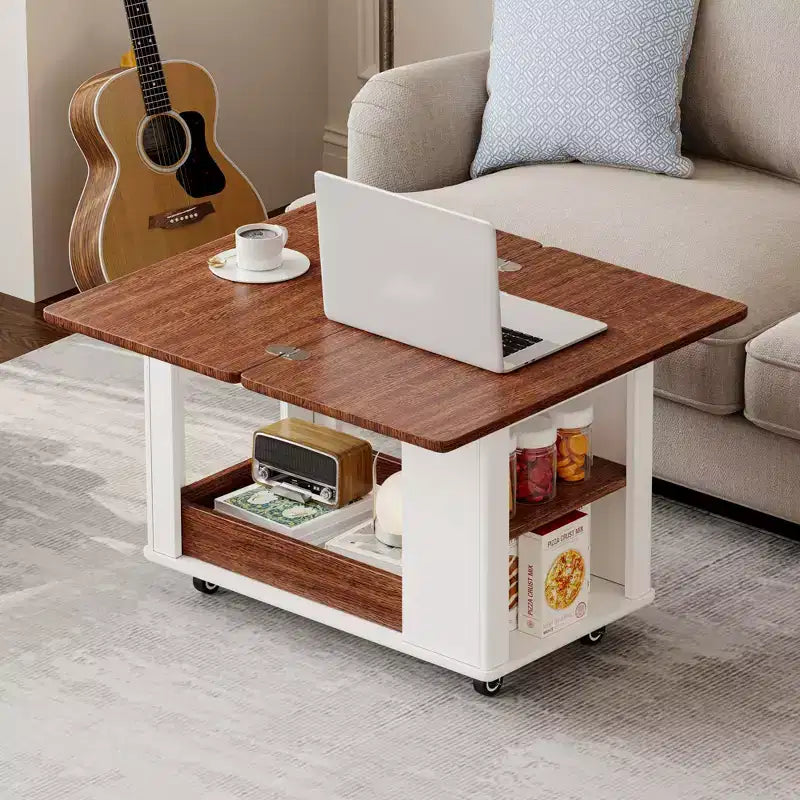 27.6'' Modern Coffee Table, Multi-Functional Side Table with Foldable Top, Casters, Drawer, Open Shelf, Hidden Compartment Storage