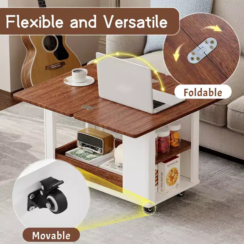 27.6'' Modern Coffee Table, Multi-Functional Side Table with Foldable Top, Casters, Drawer, Open Shelf, Hidden Compartment Storage