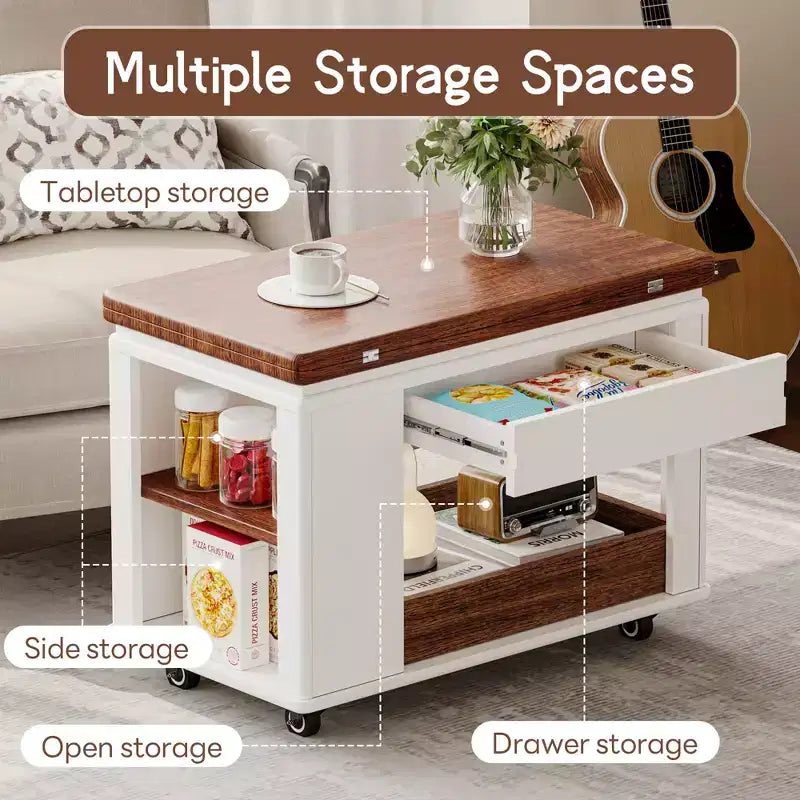 27.6'' Modern Coffee Table, Multi-Functional Side Table with Foldable Top, Casters, Drawer, Open Shelf, Hidden Compartment Storage