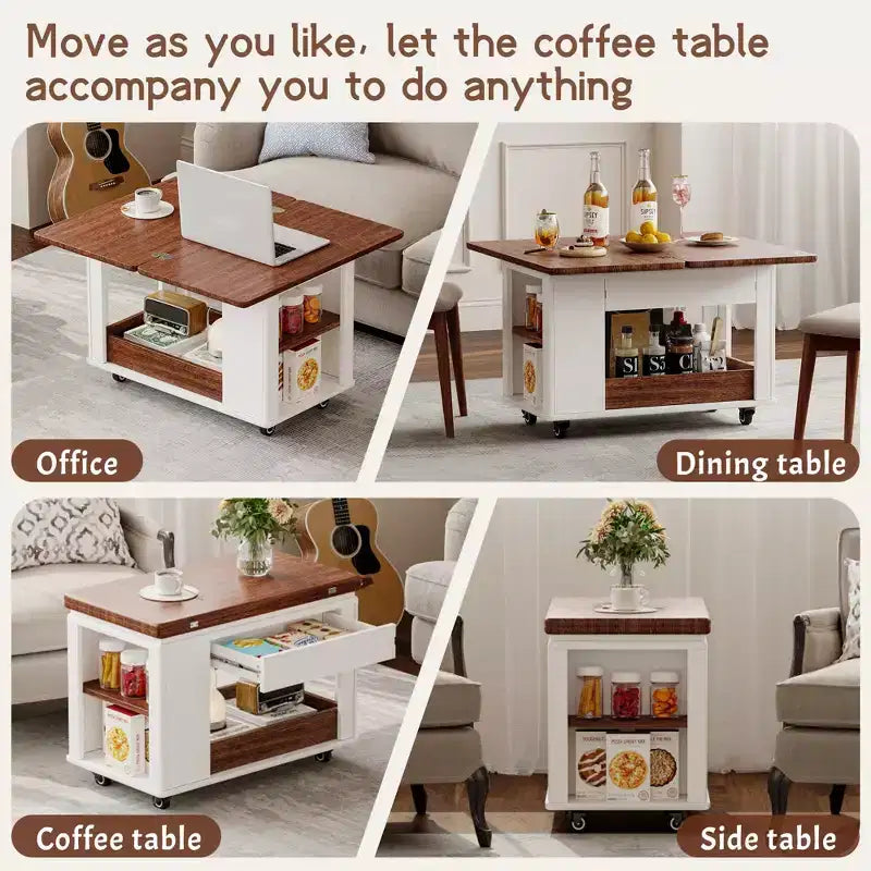 27.6'' Modern Coffee Table, Multi-Functional Side Table with Foldable Top, Casters, Drawer, Open Shelf, Hidden Compartment Storage