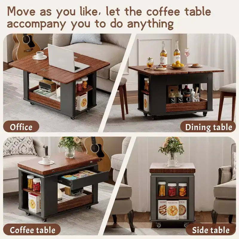 27.6'' Modern Coffee Table, Multi-Functional Side Table with Foldable Top, Casters, Drawer, Open Shelf, Hidden Compartment Storage