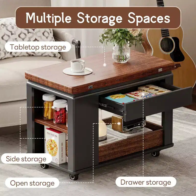 27.6'' Modern Coffee Table, Multi-Functional Side Table with Foldable Top, Casters, Drawer, Open Shelf, Hidden Compartment Storage