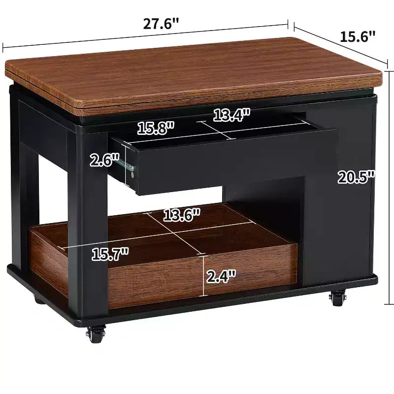 27.6'' Modern Coffee Table, Multi-Functional Side Table with Foldable Top, Casters, Drawer, Open Shelf, Hidden Compartment Storage