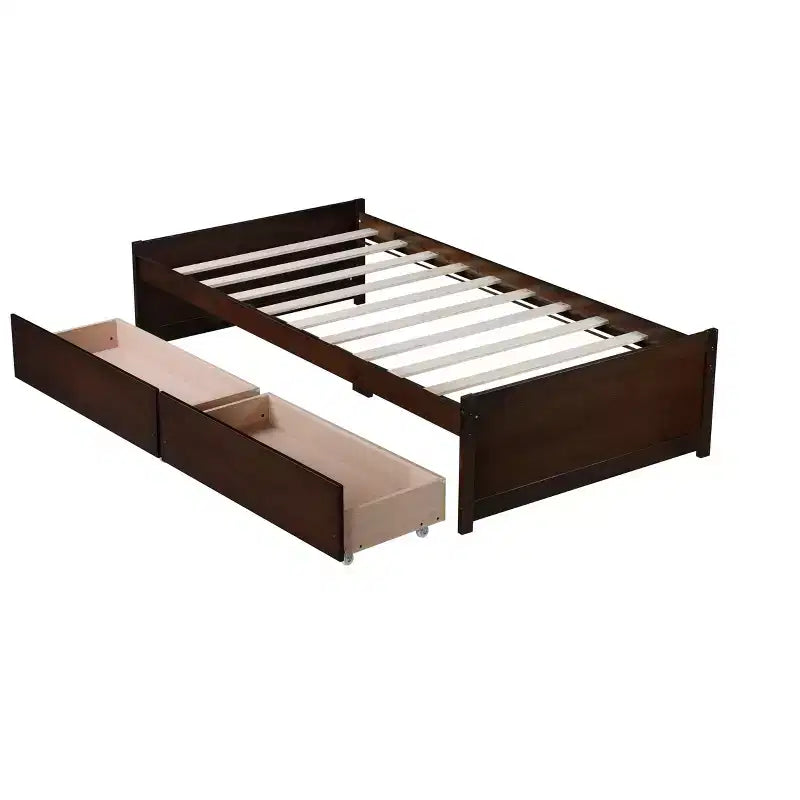 Twin Size Wood Bed with 2 Drawers for Guest Rooms and Kids' Rooms