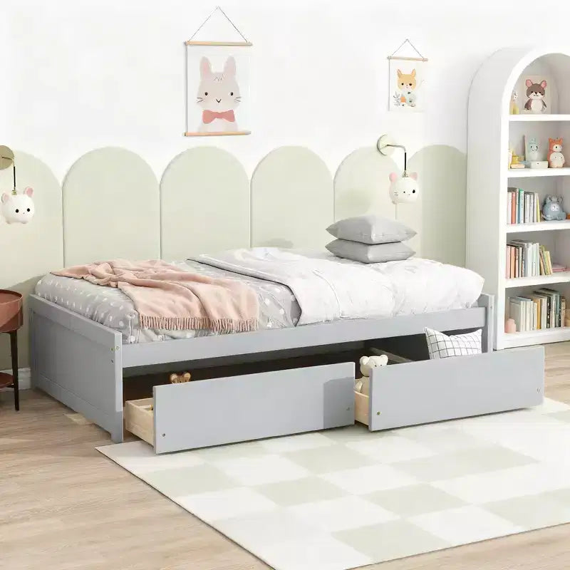 Twin Size Wood Bed with 2 Drawers for Guest Rooms and Kids' Rooms