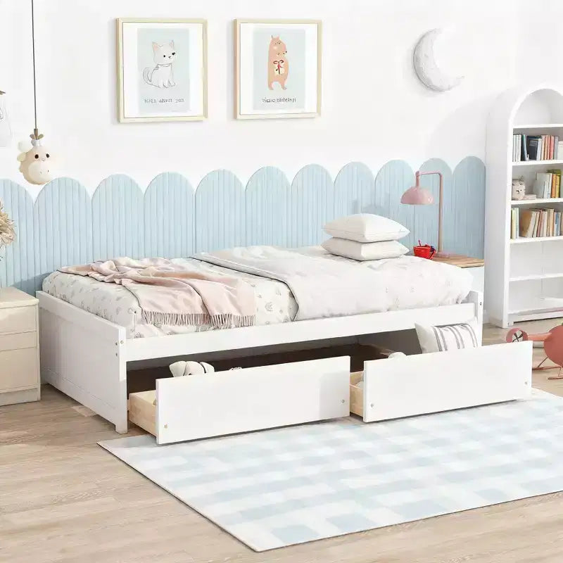 Twin Size Wood Bed with 2 Drawers for Guest Rooms and Kids' Rooms