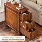 Wood Fully Assembled End Table, 3-Drawers Narrow Slim Side Table, Nightstand for Bedside, Small Spaces, Living Room, Bedroom, Walnut Brown