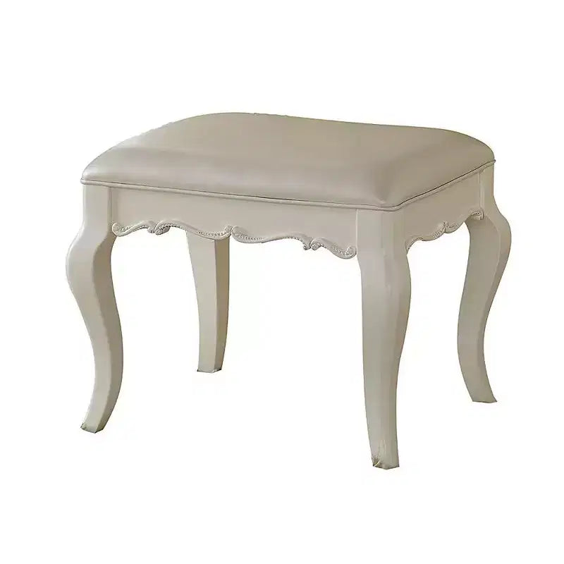Wood and Leatherette Vanity Stool with Padded Seat, White