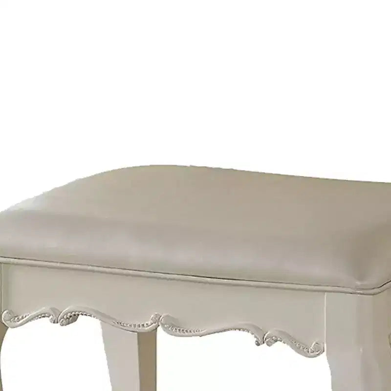 Wood and Leatherette Vanity Stool with Padded Seat, White