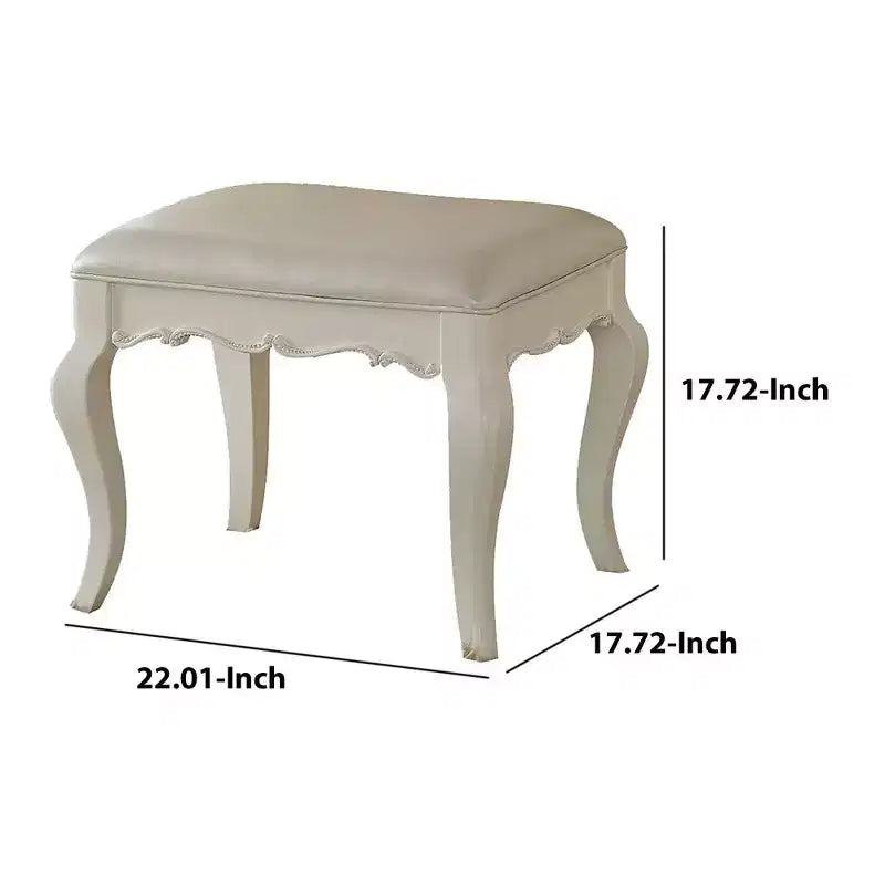 Wood and Leatherette Vanity Stool with Padded Seat, White
