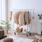 Double Storage Rack with Shelves, Freestanding Coat Rack On Wheels with Collapsible Design, Hall Tree for Living Room, Bedroom, Silver