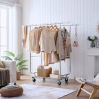 Double Storage Rack with Shelves, Freestanding Coat Rack On Wheels with Collapsible Design, Hall Tree for Living Room, Bedroom, Silver
