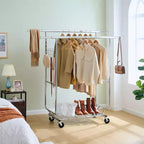 Double Storage Rack with Shelves, Freestanding Coat Rack On Wheels with Collapsible Design, Hall Tree for Living Room, Bedroom, Silver