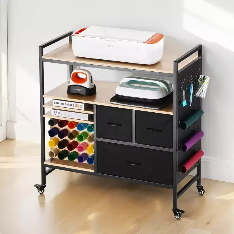 Rolling Craft Cart and Storage Table, Crafting Table Organization Workstation, Black