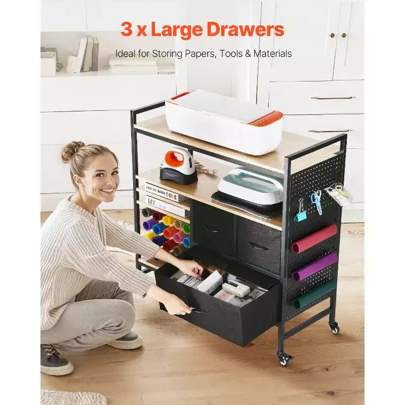 Rolling Craft Cart and Storage Table, Crafting Table Organization Workstation, Black
