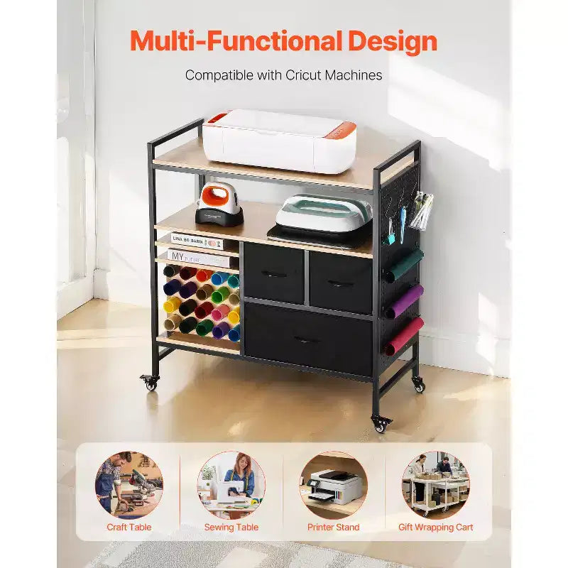 Rolling Craft Cart and Storage Table, Crafting Table Organization Workstation, Black